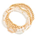 Wholesale set Five Beaded Stretch Bracelets Metal Tones Faceted Beads Glass Crys