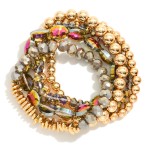 Wholesale set Five Beaded Stretch Bracelets Metal Tones Faceted Beads Glass Crys