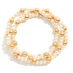 Wholesale set Three Pearl Beaded Stretch Bracelets Metal Bead Accents D