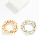 Wholesale set Five Beaded Stretch Bracelets Pearls Metal Tones D