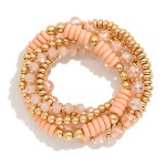 Wholesale set Five Beaded Stretch Bracelets Metal Tones Faceted Beads Wood Disk