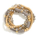Wholesale set Five Beaded Stretch Bracelets Metal Tones Faceted Beads Wood Disk