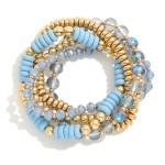 Wholesale set Five Beaded Stretch Bracelets Metal Tones Faceted Beads Wood Disk