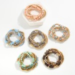 Wholesale set Five Beaded Stretch Bracelets Metal Tones Faceted Beads Wood Disk