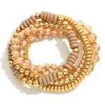 Wholesale set Five Beaded Stretch Bracelets Metal Tones Faceted Beads Wood Disk