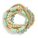 Wholesale set Five Beaded Stretch Bracelets Metal Tones Faceted Beads Wood Disk