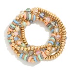Wholesale set Five Beaded Stretch Bracelets Metal Tones Faceted Beads Wood Disk