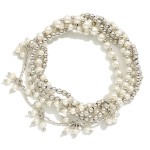 Wholesale set Five Beaded Stretch Bracelets Pearls Metals Tones Pearl Cluster Ac