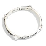 Textured Metal Stretch Bangle Bracelet Featuring Hammered Metal Cross Details 

- Approximately 2.5" D