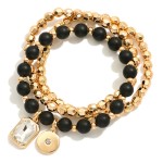 Wholesale set Three Beaded Stretch Bracelets Metal Tones Semi Precious Stones D