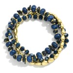 Wholesale set Three Beaded Stretch Bracelets Metal Tones Faceted Beads Stone