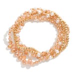 Wholesale set Five Beaded Stretch Bracelets Metal Tones Faceted Beads Pearls D