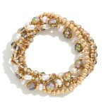 Wholesale set Four Beaded Stretch Bracelets Faceted Beads Pearl Gold Tones D