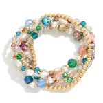 Wholesale set Four Beaded Stretch Bracelets Faceted Beads Pearl Gold Tones D