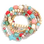 Wholesale set Five Beaded Stretch Bracelets Metal Tones Stone Faceted Beads D