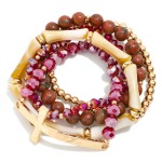 Wholesale set Five Beaded Stretch Bracelets Stone Beads Metal East West Cross D