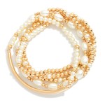 Wholesale set Five Pearl Metal Beaded Stretch Bracelet Metal Tube L