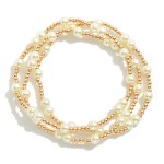 Wholesale set Three Pearl Beaded Stretch Bracelets Metal Bead Accents D