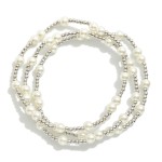 Wholesale set Three Pearl Beaded Stretch Bracelets Metal Bead Accents D