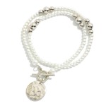 Wholesale pearl Metal Bead Beaded Necklace Toggle Clasp Hammered Metal Circle Pe