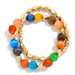 Wholesale set Two Beaded Stretch Bracelet Metal Tones Glass Beads D