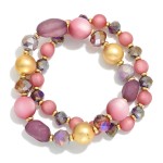 Wholesale set Two Beaded Stretch Bracelets Stone Metal Tones Faceted Beads D