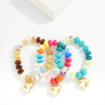 Wholesale rainbow Marbled Stone Bead Stretch Bracelet Metal Puffy Heart D
