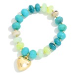 Wholesale rainbow Marbled Stone Bead Stretch Bracelet Metal Puffy Heart D
