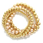 Wholesale set Five Beaded Stretch Bracelets Metal Tones Metallic Beads D