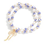 Wholesale set Two Pearl Chinoiserie Bead Beaded Stretch Bracelets Bow Detail D