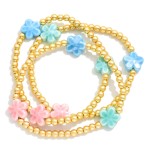Wholesale set Three Metal Beaded Stretch Bracelets Porcelain Flower Stations D