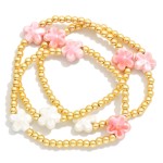 Wholesale set Three Metal Beaded Stretch Bracelets Porcelain Flower Stations D