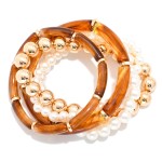 Wholesale set Five Beaded Stretch Bracelets Pearls Metal Tones Tube Beads D