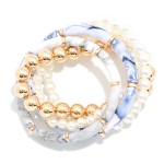 Wholesale set Five Beaded Stretch Bracelets Pearls Metal Tones Tube Beads D