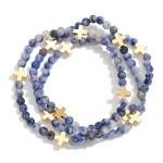 Wholesale set Three Stone Beaded Stretch Bracelets Metal Plus Cross Stations D