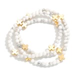 Wholesale set Three Stone Beaded Stretch Bracelets Metal Plus Cross Stations D