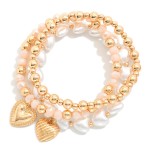 Wholesale set Three Beaded Stretch Bracelets Metal Tones Faceted Beads Hearts D