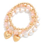 Wholesale set Three Beaded Stretch Bracelets Metal Tones Faceted Beads Hearts D