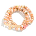 Wholesale set Three Stone Disk Bead Beaded Stretch Bracelets Hammered Metal East