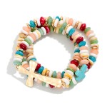 Wholesale set Three Stone Disk Bead Beaded Stretch Bracelets Hammered Metal East