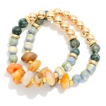Wholesale set Two Beaded Stretch Bracelet Metal Tones Marble Beads D