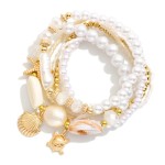 Wholesale set Seven Beaded Stretch Bracelets Metal Tones Pearls Shells D