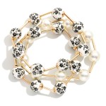 Wholesale set Three Beaded Stretch Bracelets Pearls Metal Tube Floral Porcelain