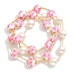 Wholesale set Three Beaded Stretch Bracelets Pearls Metal Tube Floral Porcelain
