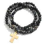 Wholesale set Three Beaded Stretch Bracelets Hammered Metal Cross Charm D