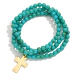 Wholesale set Three Beaded Stretch Bracelets Hammered Metal Cross Charm D