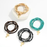 Wholesale set Three Beaded Stretch Bracelets Hammered Metal Cross Charm D
