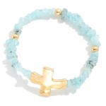 Stone Beaded Stretch Bracelet Featuring Hammered Metal Plus Cross Detail 

- Approximately 2.5" D