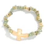 Stone Beaded Stretch Bracelet Featuring Hammered Metal Plus Cross Detail 

- Approximately 2.5" D