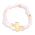 Stone Beaded Stretch Bracelet Featuring Hammered Metal Plus Cross Detail 

- Approximately 2.5" D